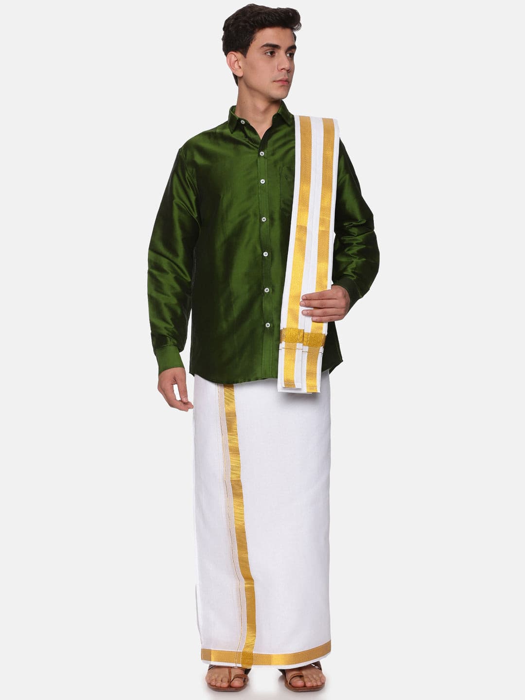 Men Solid Colour Full Sleeve Shirt Pocket Dhoti Angavastram Set