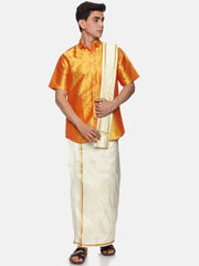 Men Solid Colour Half Sleeve Shirt Pocket Dhoti and Angavastram Set
