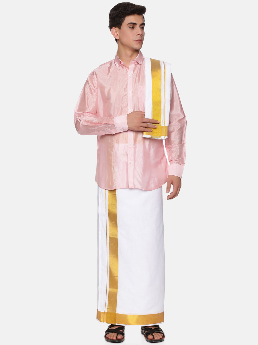 Men Artsilk Full Sleeve Shirt and Cotton Dothi with Angavastram Set