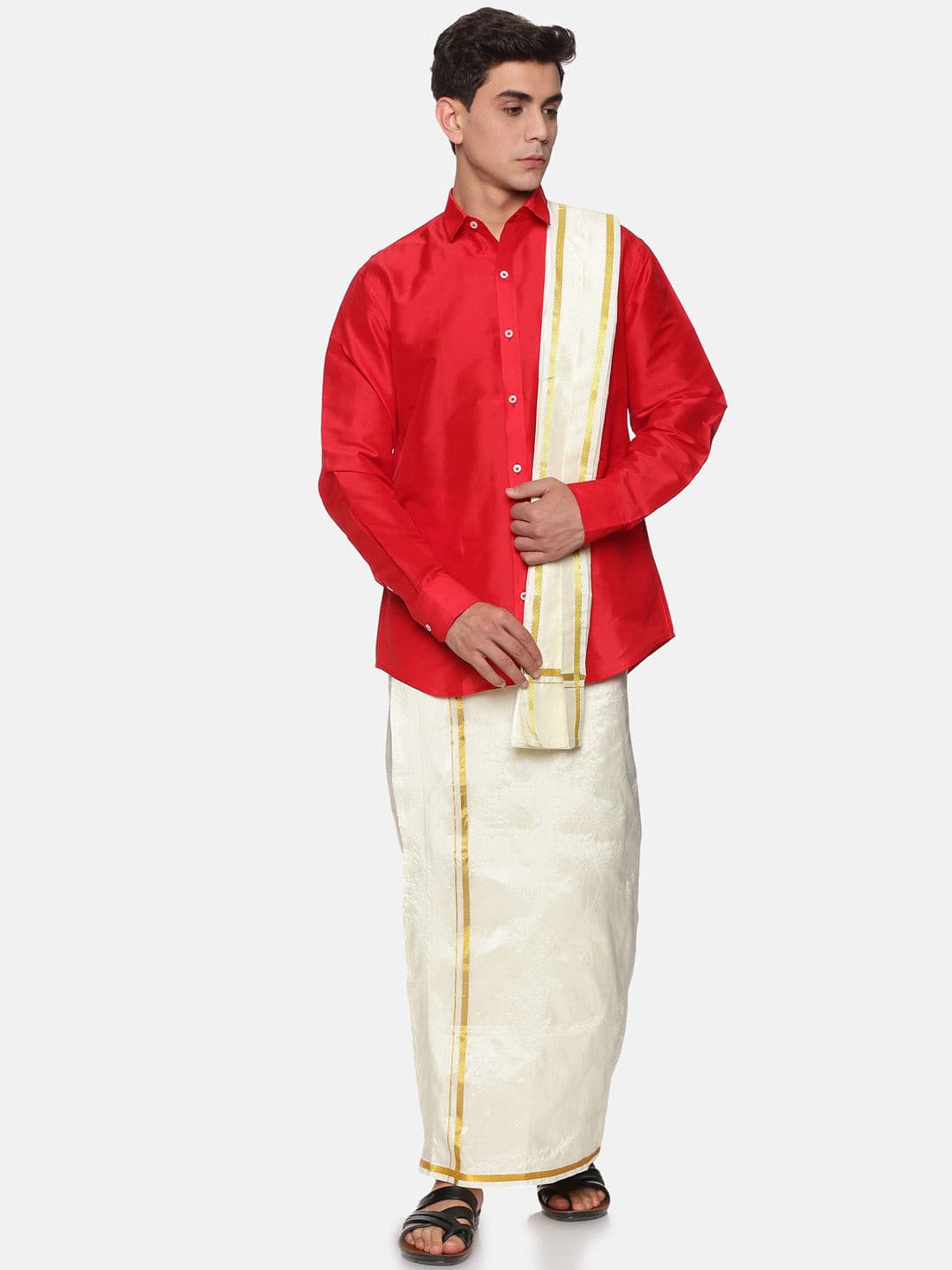 Men Solid Colour Full Sleeve Shirt Pocket Dhoti and Angavastram Set