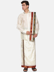 Mens Artsilk Full Sleeve Shirt with Cream Dhoti and Angavastram Set