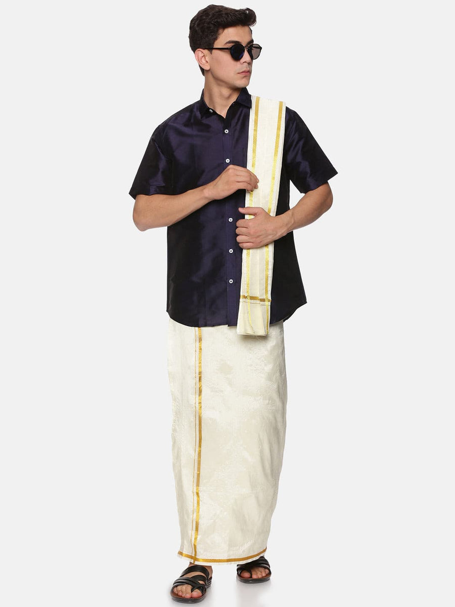 Men Solid Colour Half Sleeve Shirt Pocket Dhoti and Angavastram Set