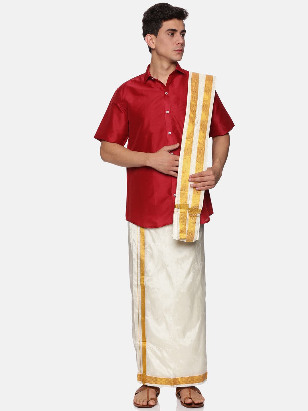 Men Solid Colour Half Sleeve Shirt Pocket Dhoti Angavastram Set