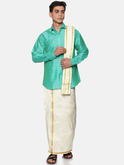Men Solid Colour Full Sleeve Shirt Pocket Dhoti and Angavastram Set