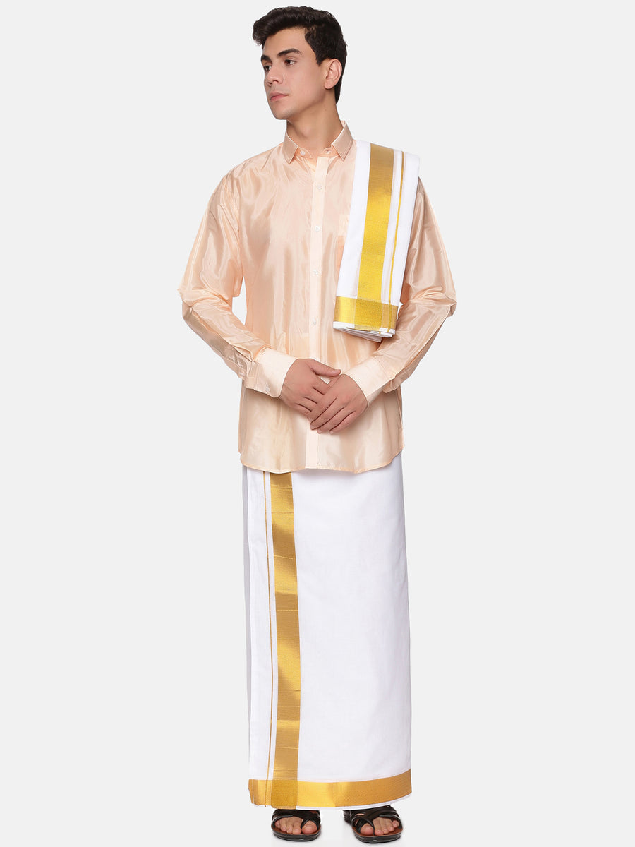 Men Artsilk Full Sleeve Shirt and Cotton Dothi with Angavastram Set