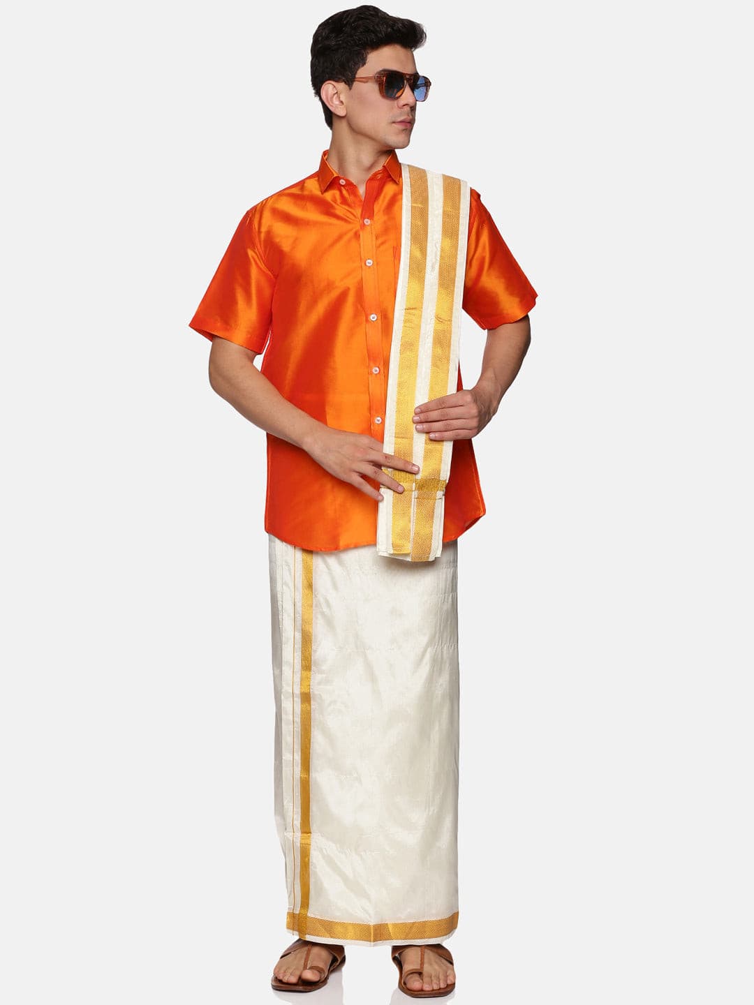 Men Solid Colour Half Sleeve Shirt Pocket Dhoti Angavastram Set