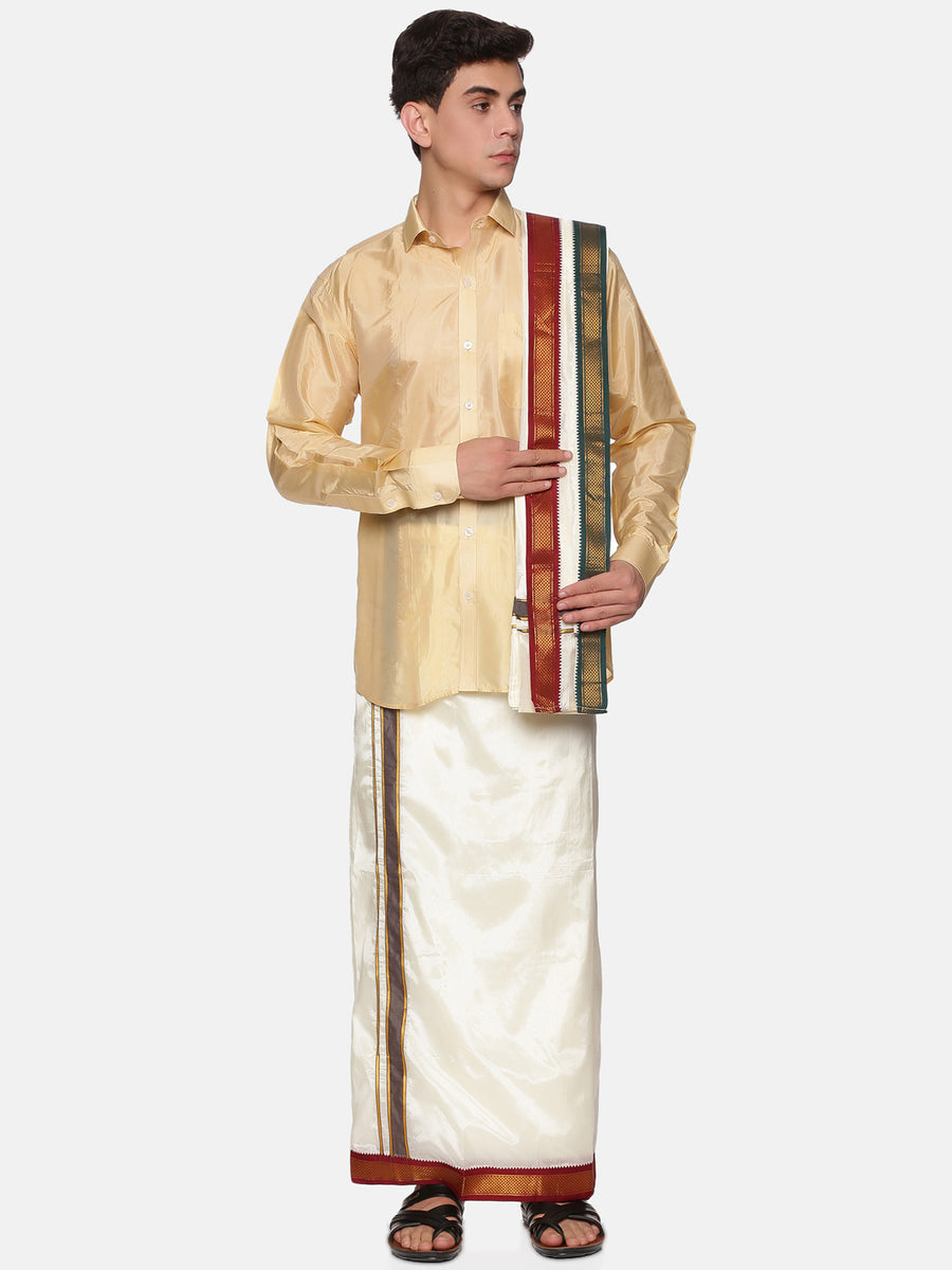 Mens Artsilk Full Sleeve Shirt with Cream Dhoti and Angavastram Set