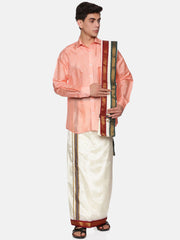 Mens Artsilk Full Sleeve Shirt with Cream Dhoti and Angavastram Set