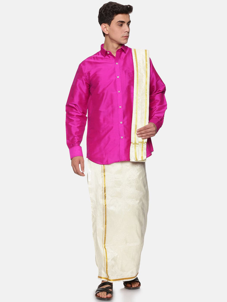 Men Solid Colour Full Sleeve Shirt Pocket Dhoti and Angavastram Set
