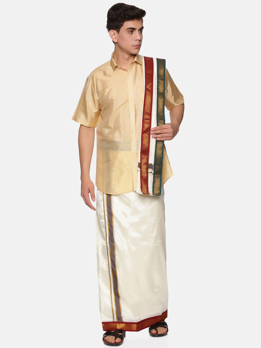 Mens Art Silk Peach Shirt With Cream Dhoti And Angavastram.