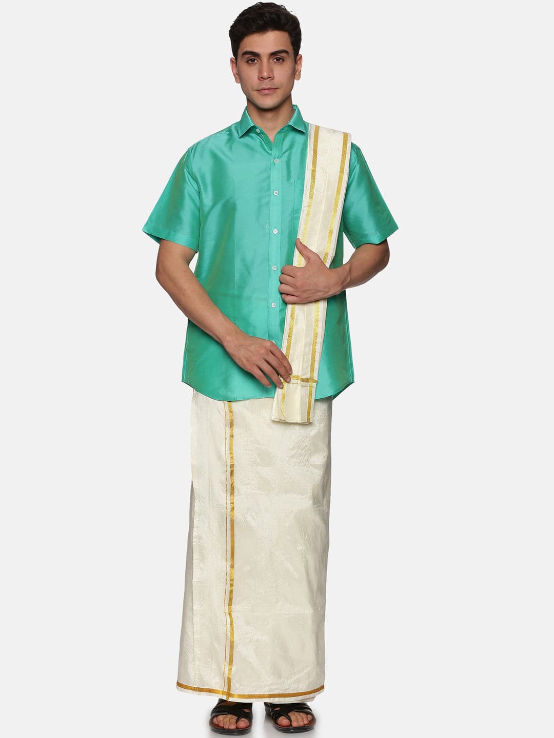 Men Solid Colour Half Sleeve Shirt Pocket Dhoti and Angavastram Set
