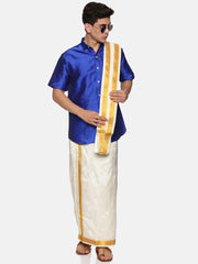 Men Solid Colour Half Sleeve Shirt Pocket Dhoti Angavastram Set