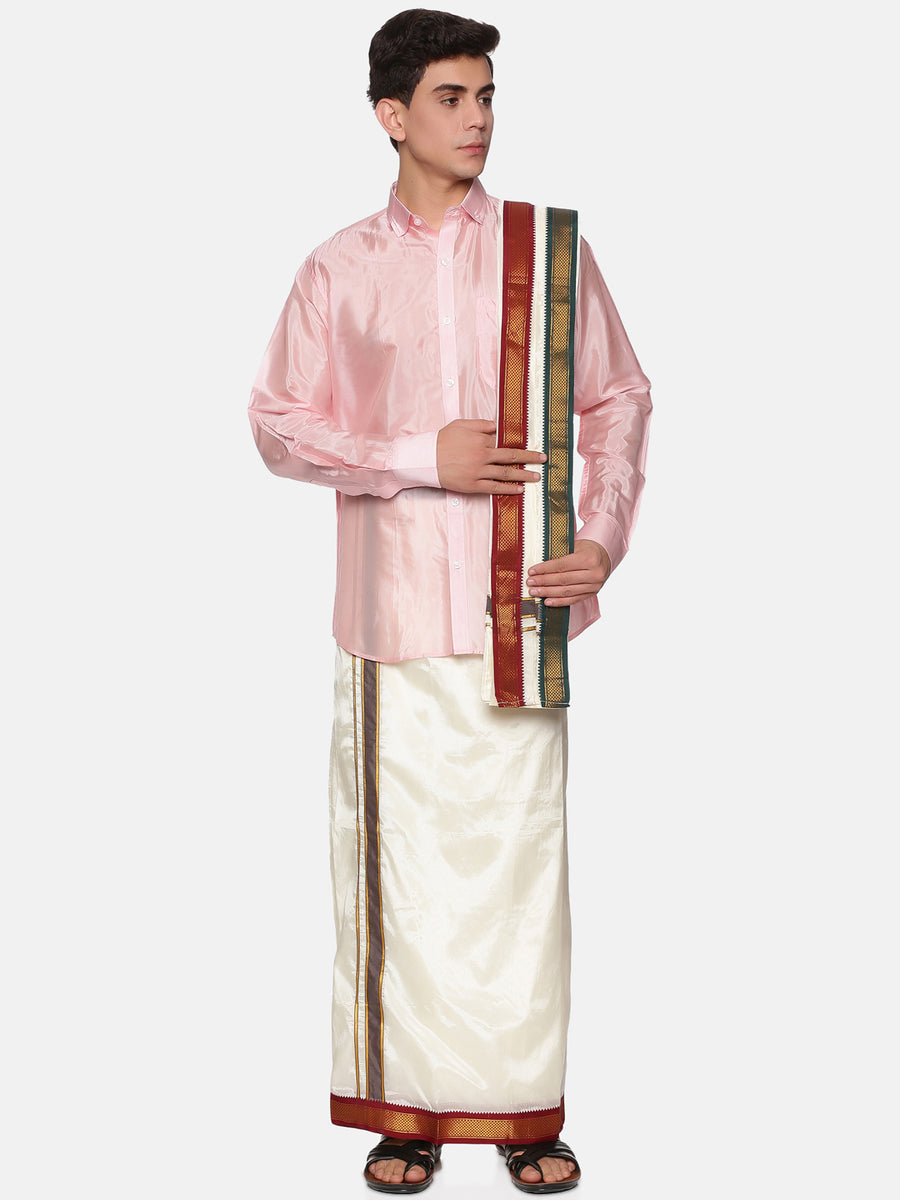 Mens Artsilk Full Sleeve Shirt with Cream Dhoti and Angavastram Set