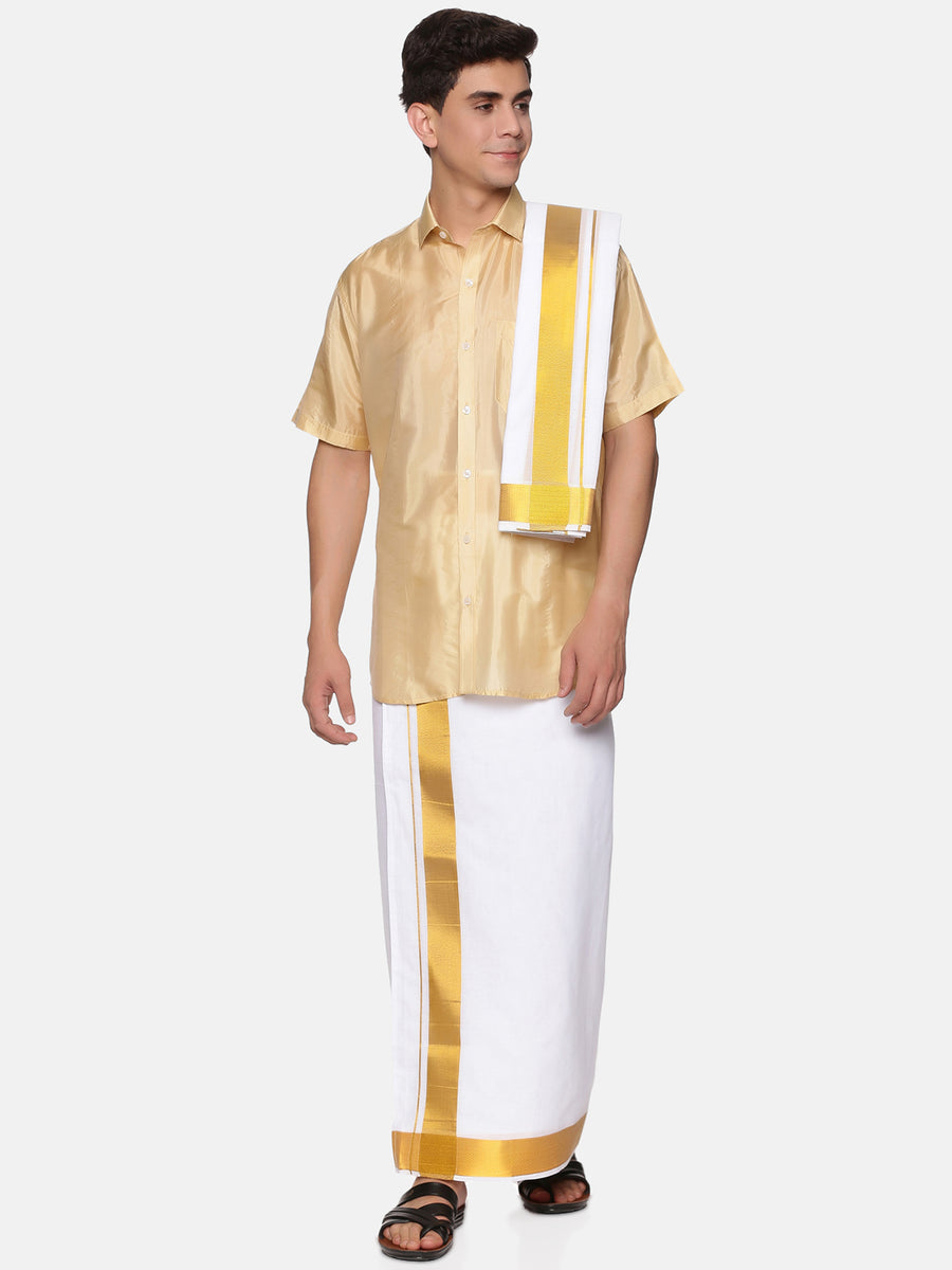 Mens Art Silk Peach Shirt With White Dhoti And Angavastram.