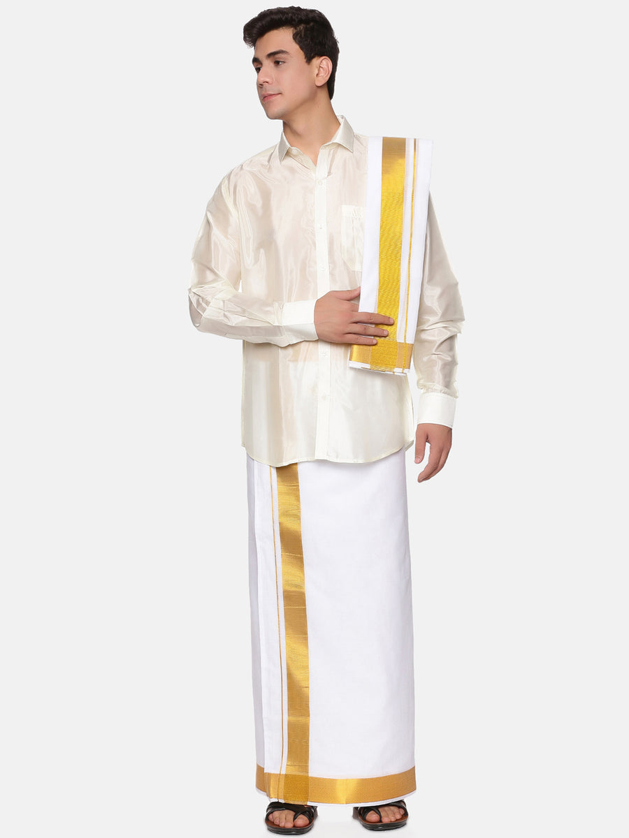 Men Artsilk Full Sleeve Shirt and Cotton Dothi with Angavastram Set