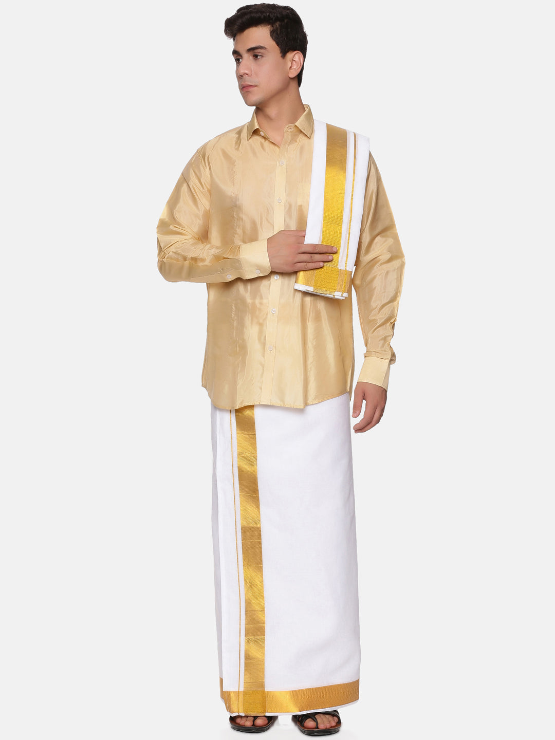 Men Artsilk Full Sleeve Shirt and Cotton Dothi with Angavastram Set
