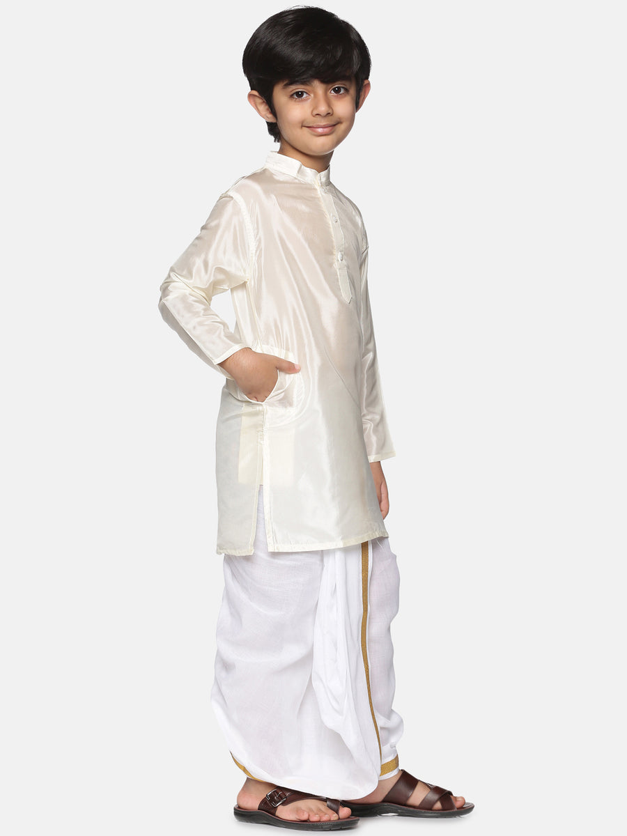 Boys Off White Colour Art Silk Kurta Dhoti Pant Set