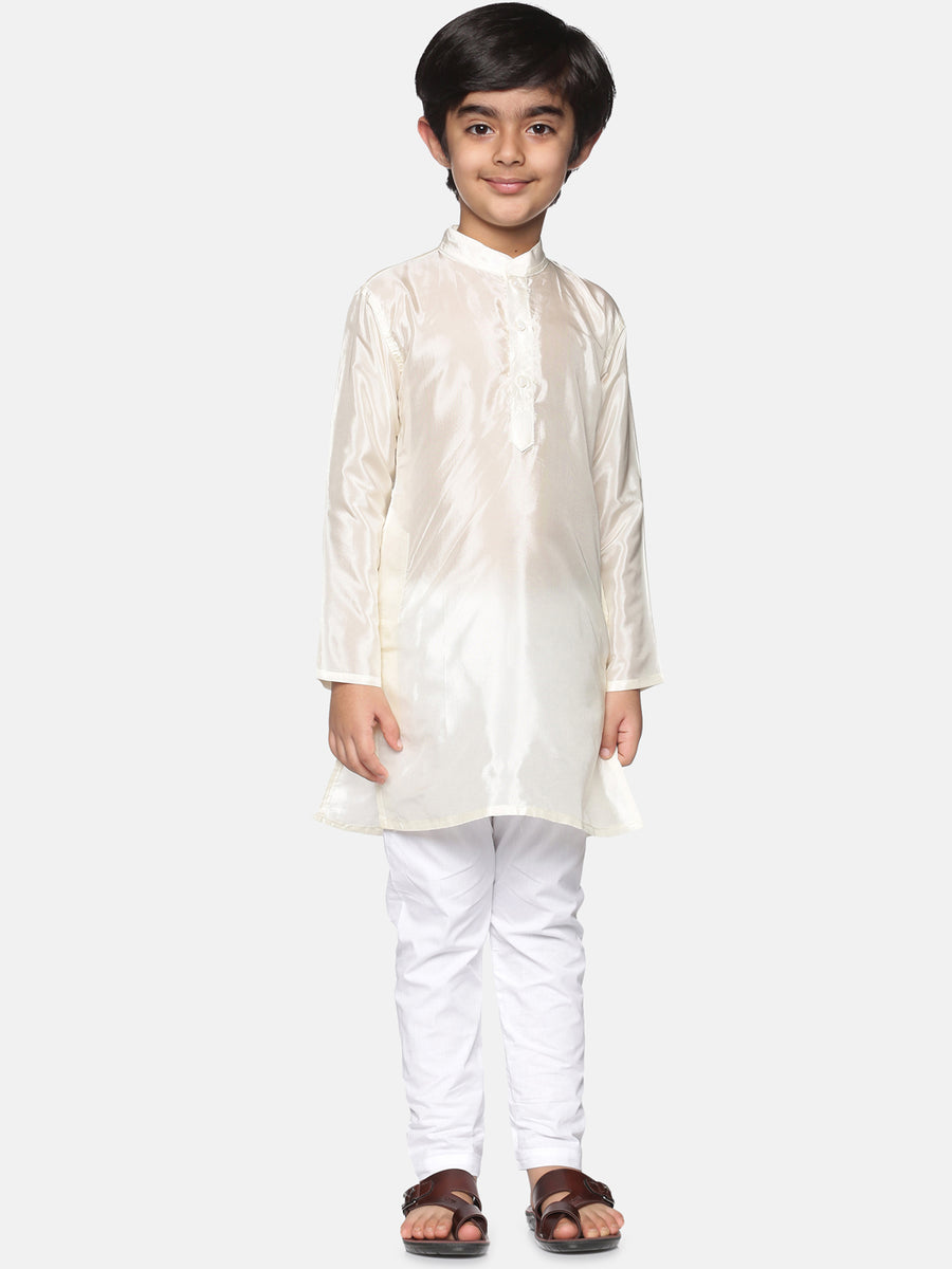Boys Off White Colour Art Silk Kurta Pyjama Set