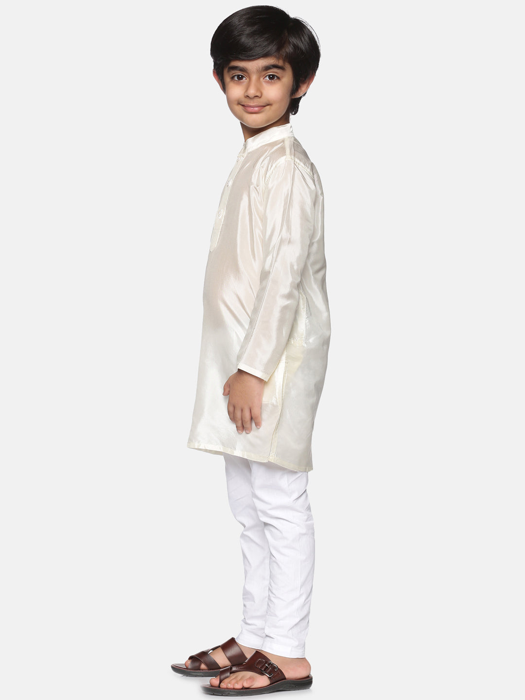 Boys Off White Colour Art Silk Kurta Pyjama Set