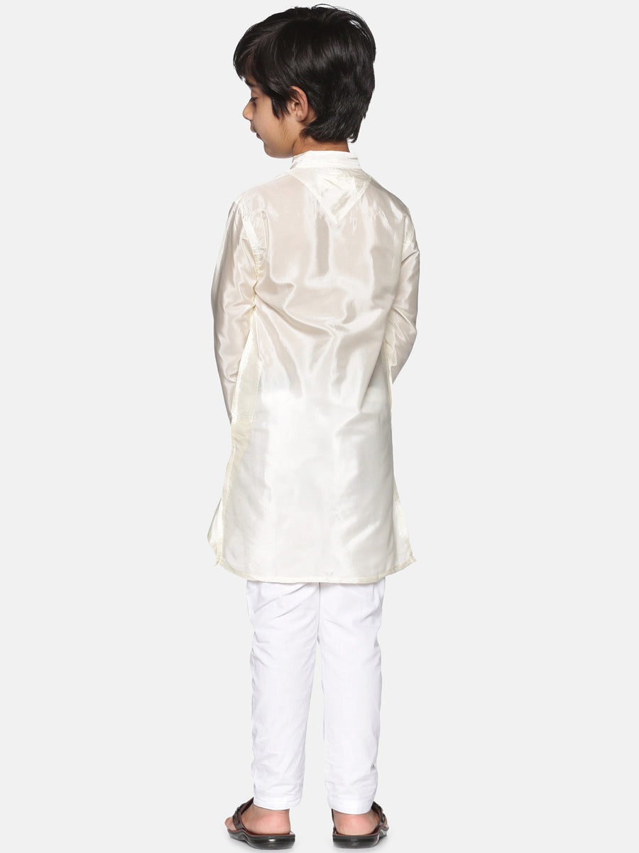 Boys Off White Colour Art Silk Kurta Pyjama Set