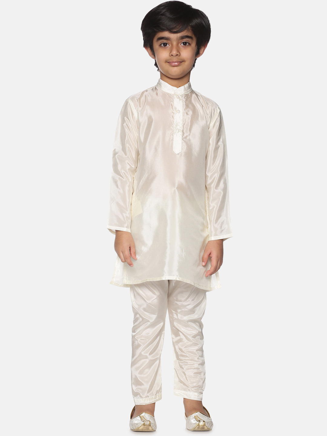 Boys Off White Colour Art Silk Kurta Pyjama Set