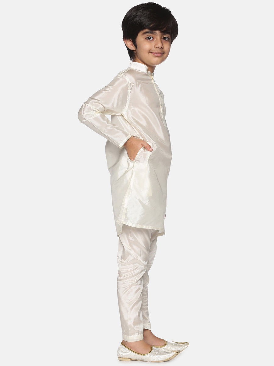 Boys Off White Colour Art Silk Kurta Pyjama Set