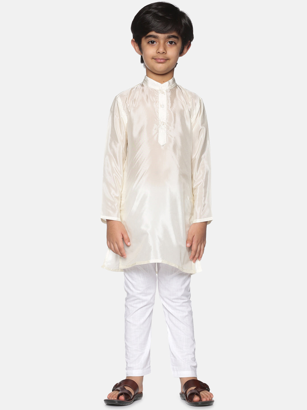 Boys Off White Colour Art Silk Kurta Pyjama Set