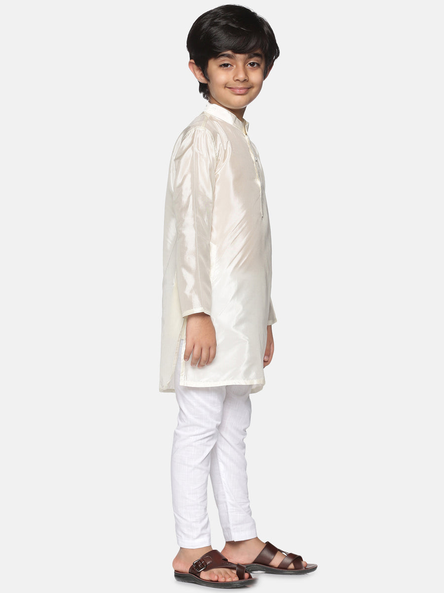 Boys Off White Colour Art Silk Kurta Pyjama Set