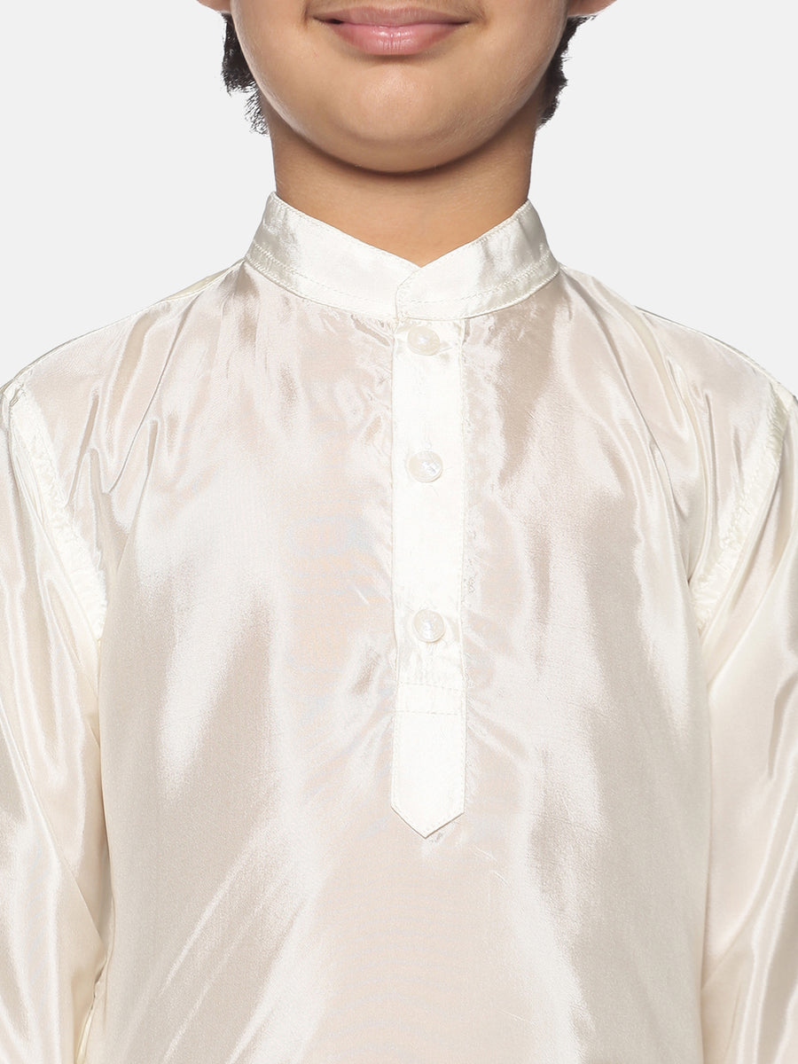 Boys Off White Colour Art Silk Kurta Pyjama Set
