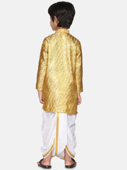 Boys Gold Colour Polyester Kurta Dhoti Pant Set