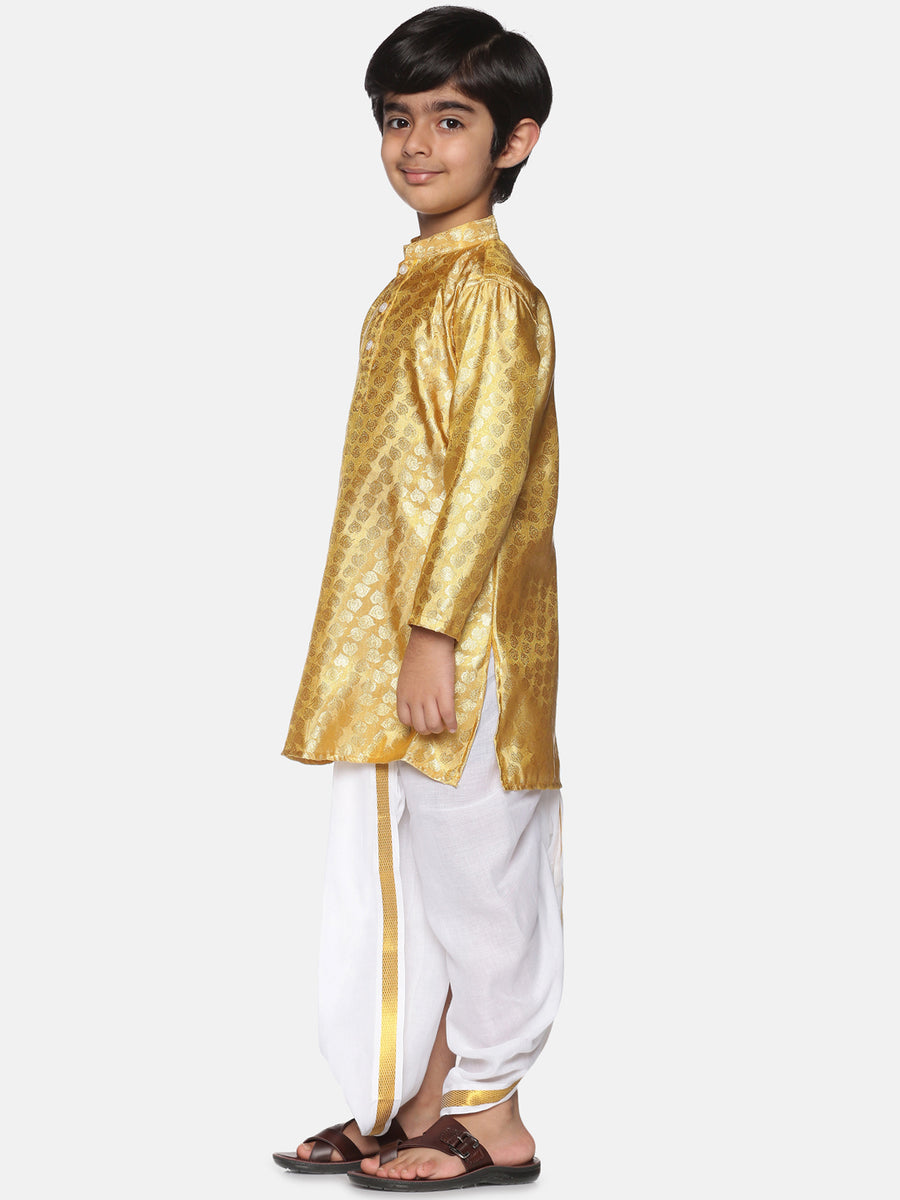 Boys Gold Colour Polyester Kurta Dhoti Pant Set