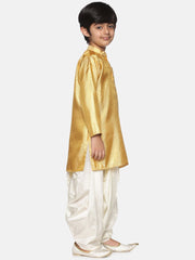 Boys Gold Colour Polyester Kurta Dhoti Pant Set.