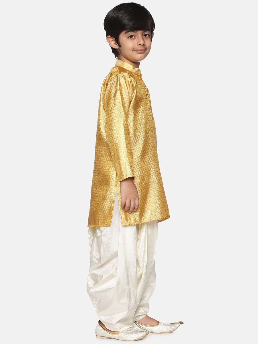 Boys Gold Colour Polyester Kurta Dhoti Pant Set.