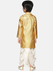 Boys Gold Colour Polyester Kurta Dhoti Pant Set.