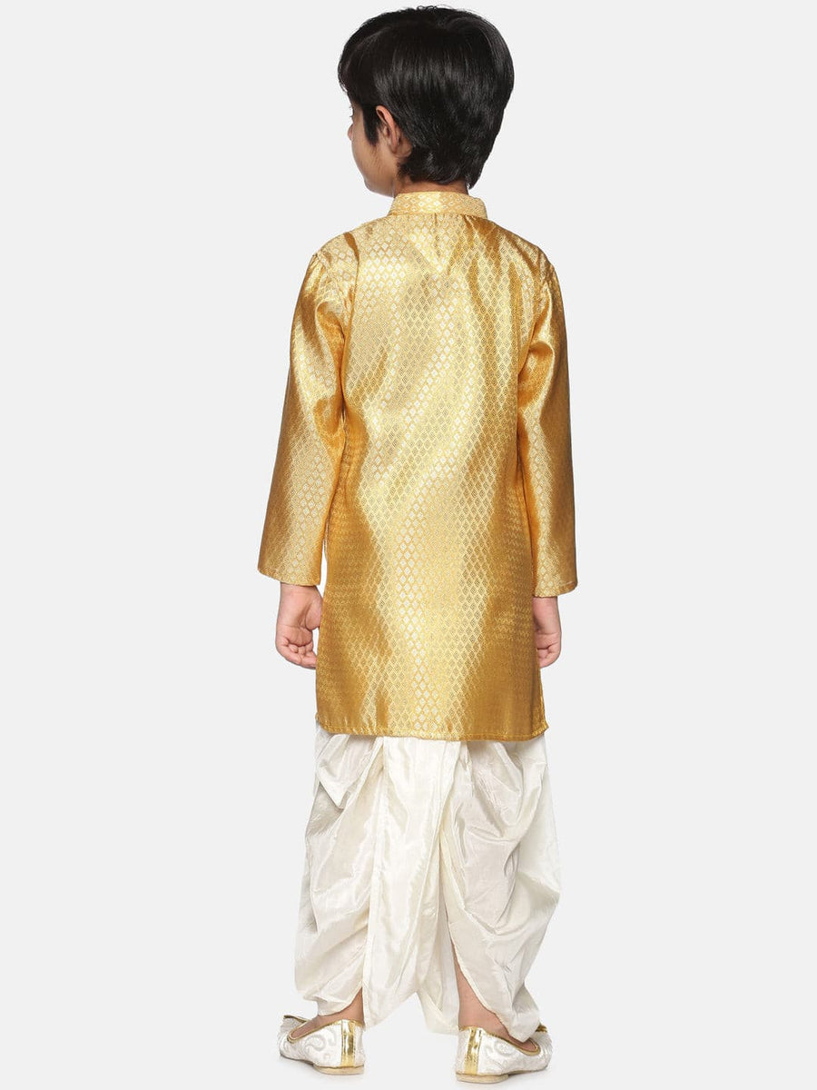 Boys Gold Colour Polyester Kurta Dhoti Pant Set.