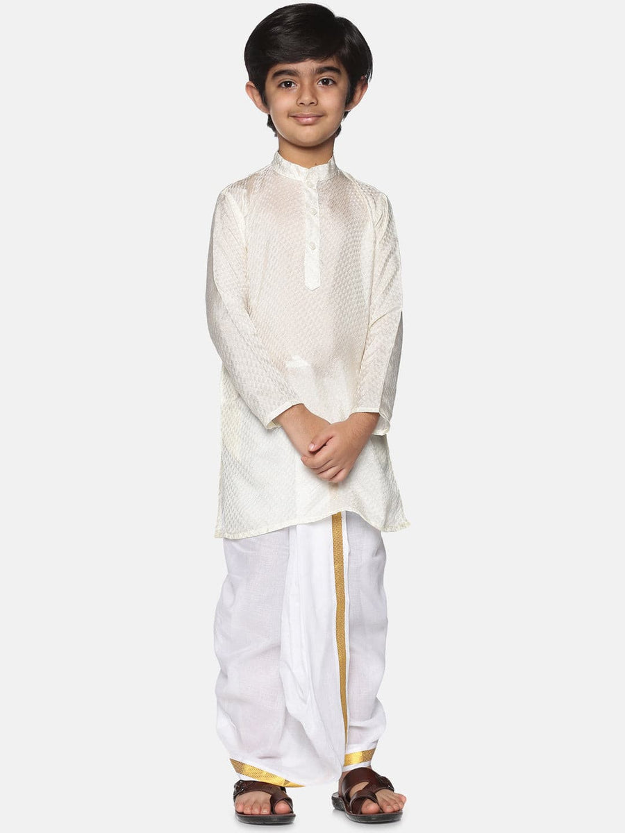 Boys Off White Colour Art Silk Kurta Dhoti Pant Set