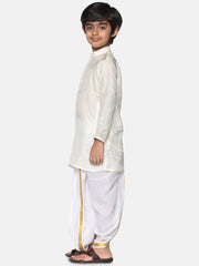 Boys Off White Colour Art Silk Kurta Dhoti Pant Set.