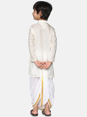 Boys Off White Colour Art Silk Kurta Dhoti Pant Set.