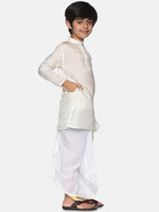 Boys Off White Colour Art Silk Kurta Dhoti Pant Set.