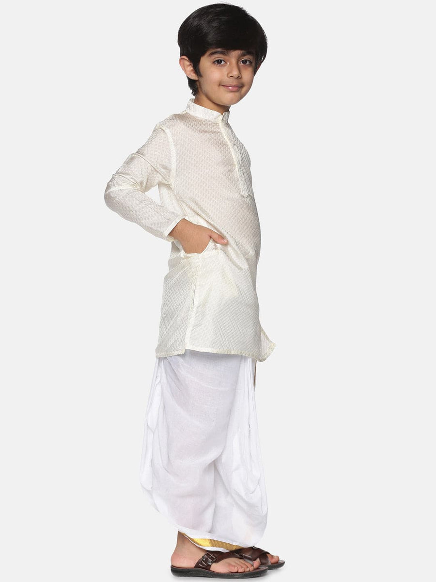 Boys Off White Colour Art Silk Kurta Dhoti Pant Set.