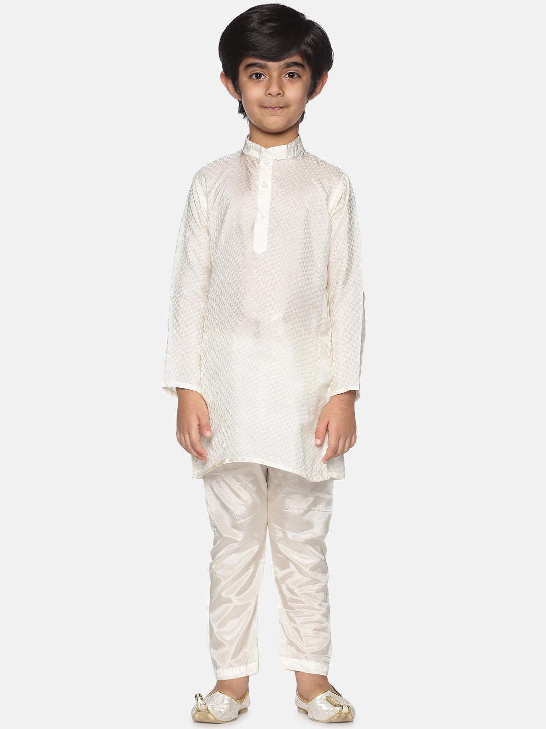 Boys Off White Colour Art Silk Kurta Pyjama Set