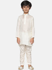 Boys Off White Colour Art Silk Kurta Pyjama Set