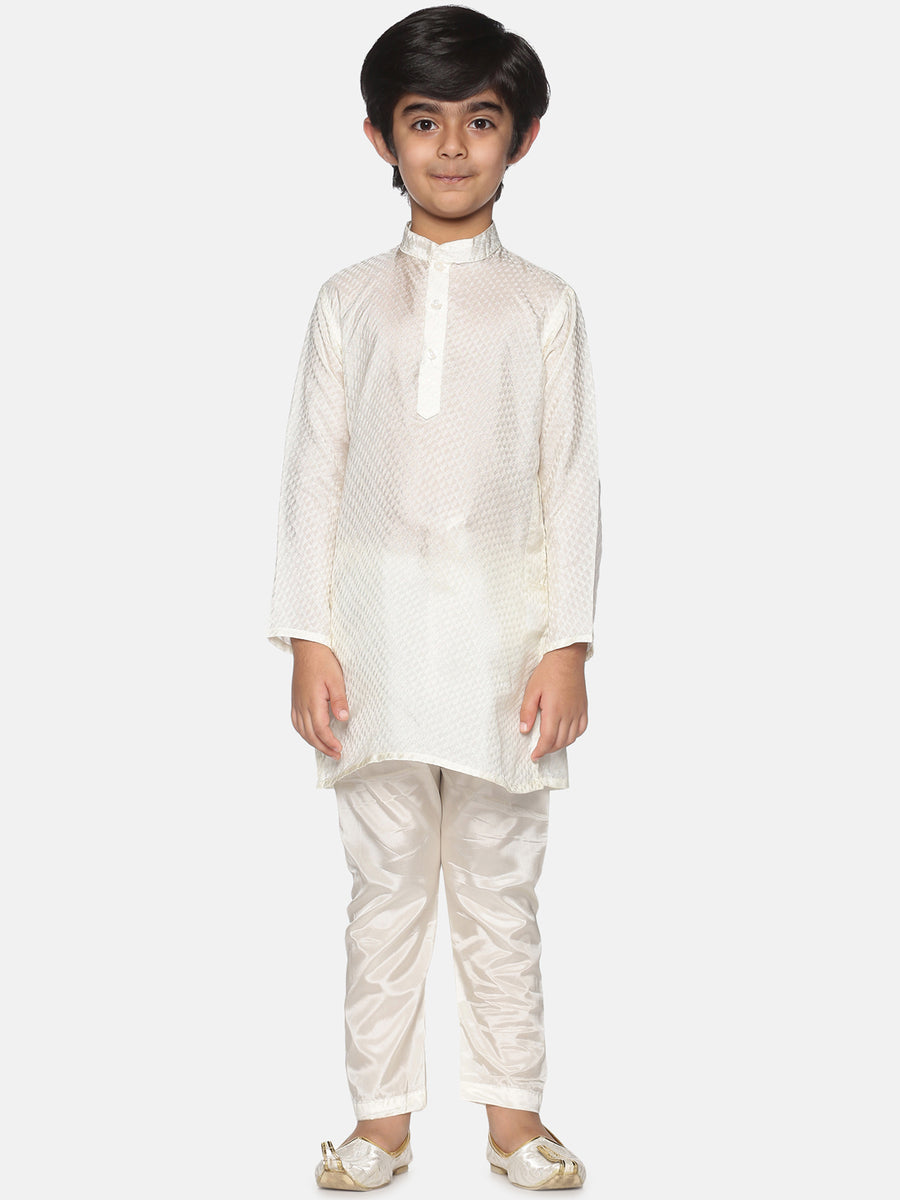 Boys Off White Colour Art Silk Kurta Pyjama Set