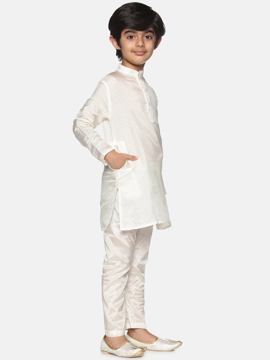 Boys Off White Colour Art Silk Kurta Pyjama Set