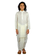 Boys Off White Colour Art Silk Kurta Dhoti Pant Set.