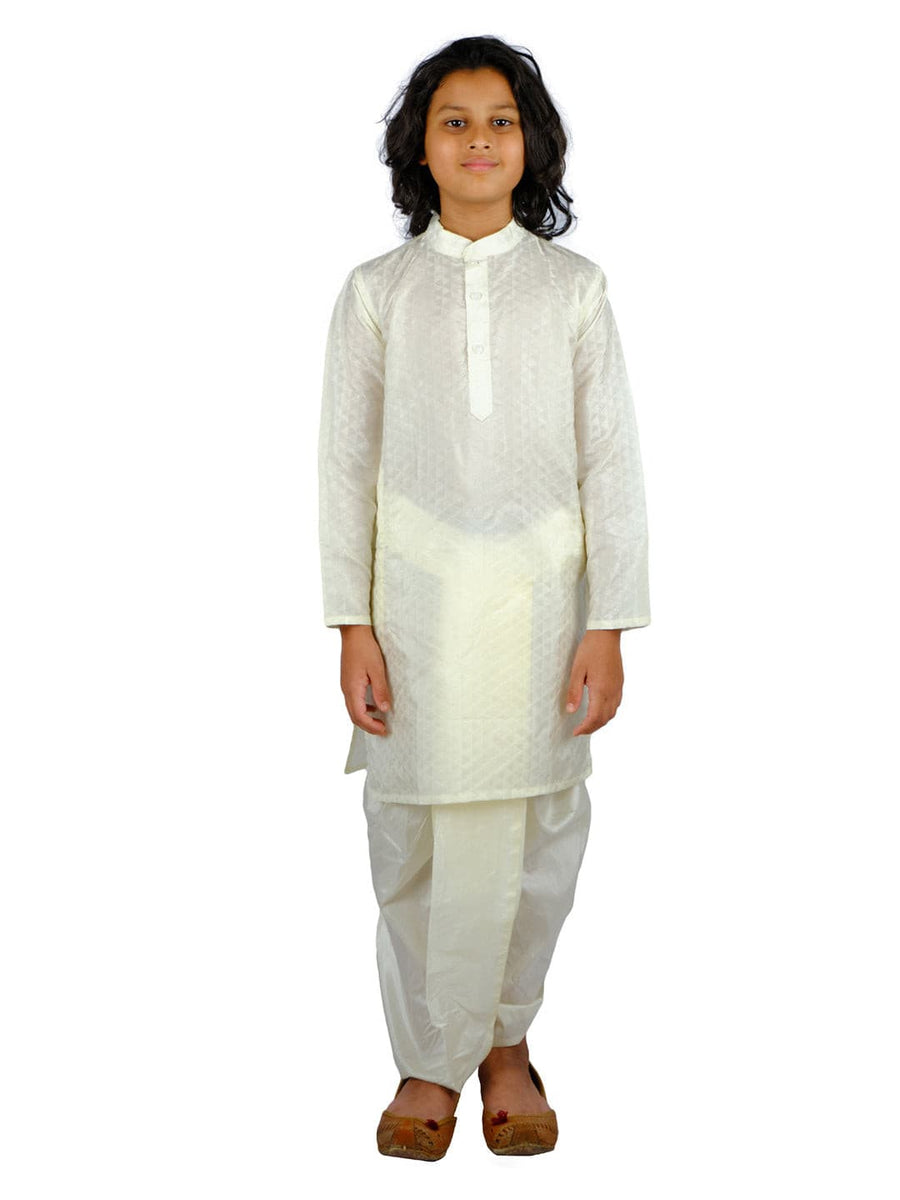 Boys Off White Colour Art Silk Kurta Dhoti Pant Set.