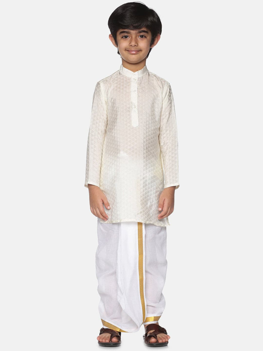 Boys Off White Colour Art Silk Kurta Dhoti Pant Set.