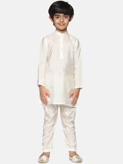 Boys Off White Colour Art Silk Kurta Pyjama Set