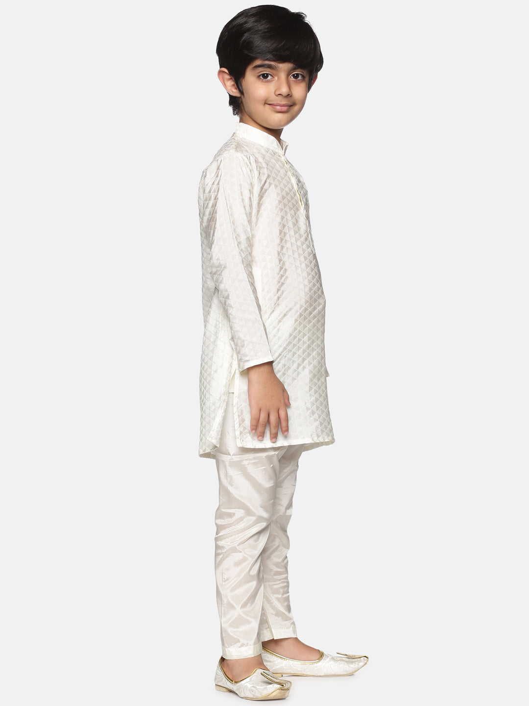 Boys Off White Colour Art Silk Kurta Pyjama Set