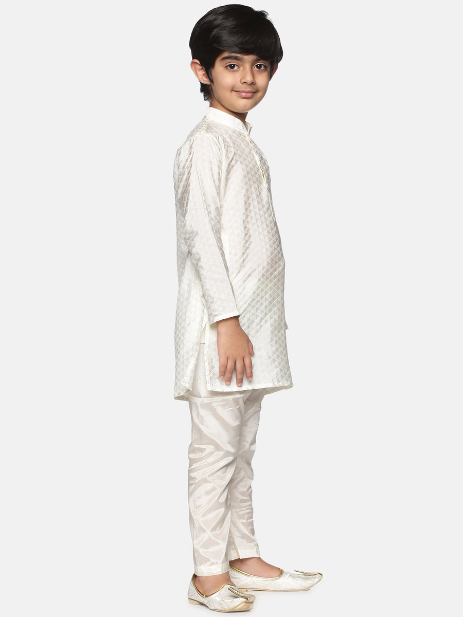 Boys Off White Colour Art Silk Kurta Pyjama Set
